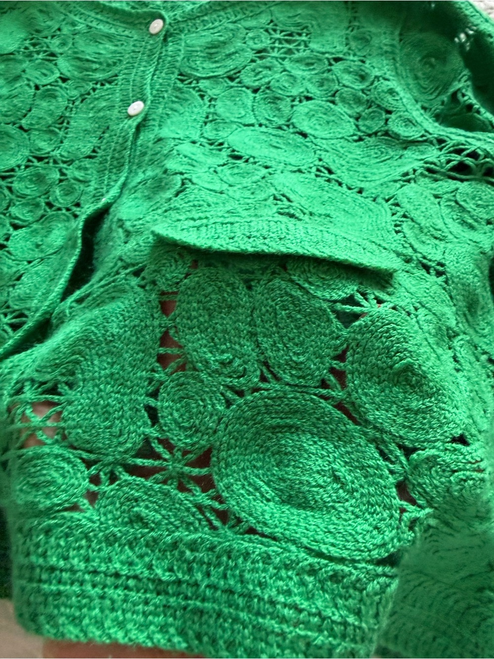 Bright Green Crochet Look Button-Up Cardigan - Picture 3 of 5